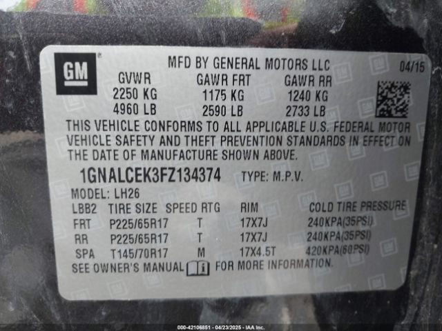 1GNALCEK3FZ134374 Chevrolet lea - flex fuel (gas/alc), aluminum, ho,