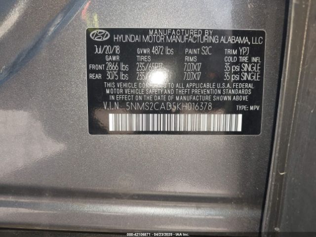 2019 HYUNDAI SANTA FE 5NMS2CAD5KH016378 Photo 8