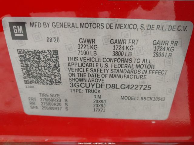 3GCUYDED8LG422725 Chevrolet Silverado 1500 4wd  Short Bed Lt