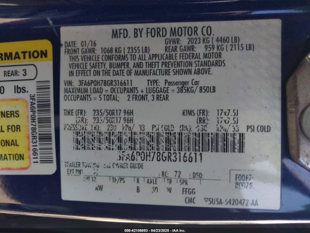 3FA6P0H78GR316611 Ford FUSION SE