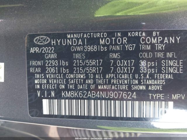 KM8K62AB4NU907624 Hyundai Kona Sel