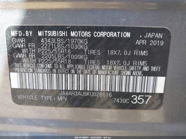 2019 MITSUBISHI OUTLANDER SPORT JA4AR3AU5KU028816 Photo 8