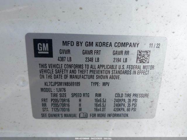 KL7CJPSM1NB569189 Chevrolet Trax Awd Lt