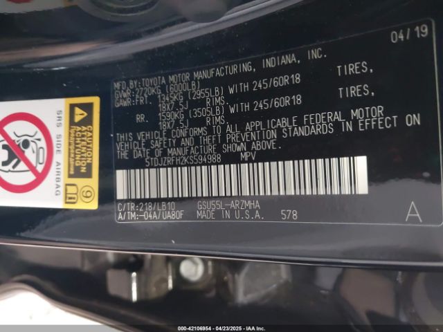 5TDJZRFH2KS594988 Toyota Highlander Xle