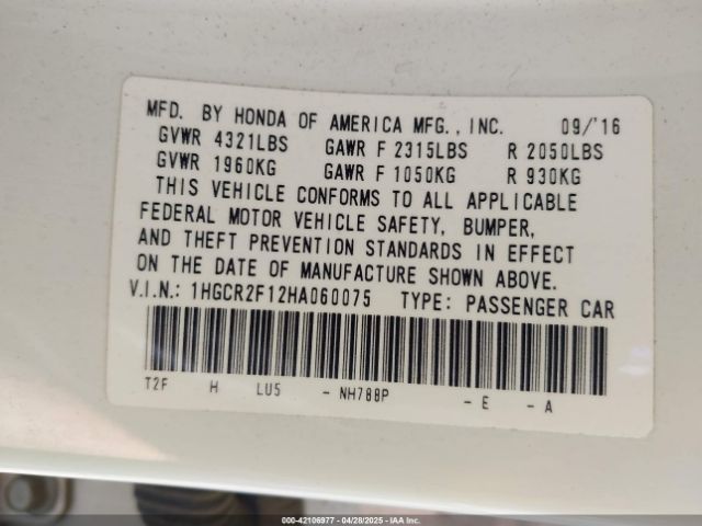 1HGCR2F12HA060075 Honda Accord Sport Se