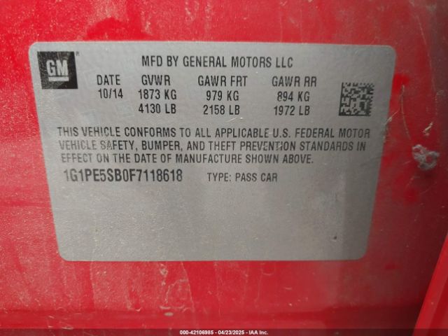 1G1PE5SB0F7118618 Chevrolet Cruze 2lt Auto