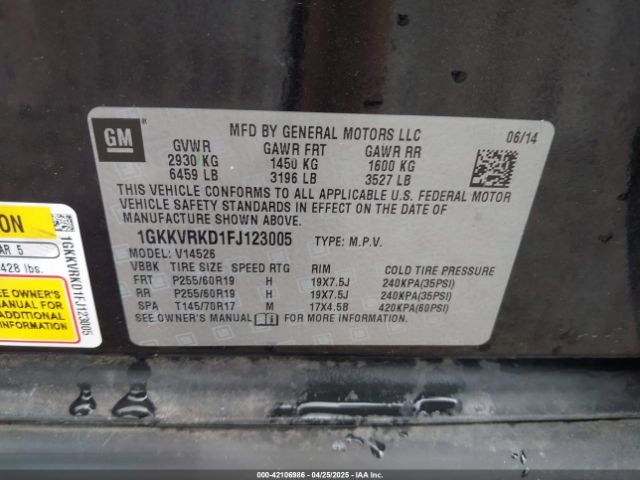 1GKKVRKD1FJ123005 GMC Acadia Slt-1