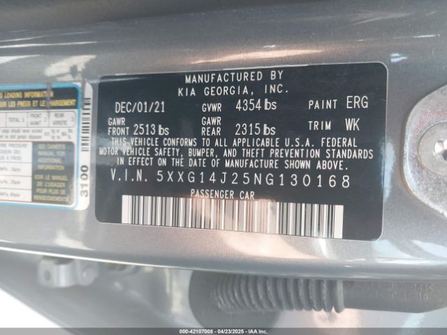 5XXG14J25NG130168 KIA K5 LXS
