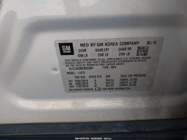 KL7CJKSB8LB033001 Chevrolet Trax Fwd Ls