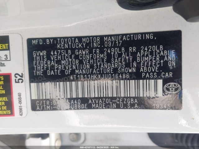 4T1B11HKXJU016486 Toyota CAMRY XLE