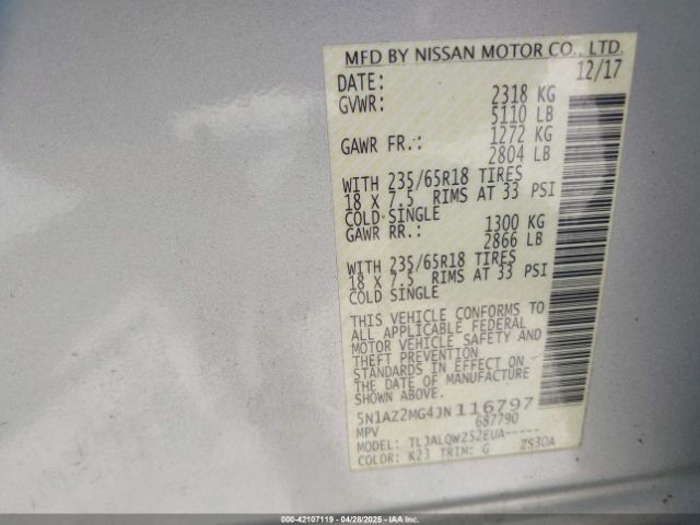 5N1AZ2MG4JN116797 Nissan MURANO SV