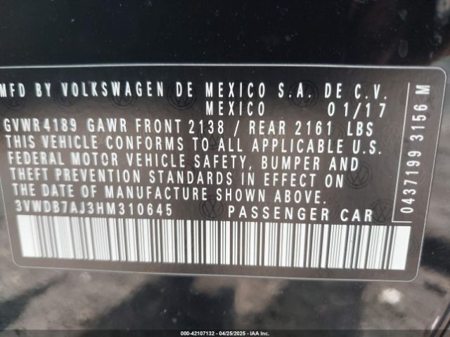 3VWDB7AJ3HM310645 Volkswagen Jetta 1.4t Se