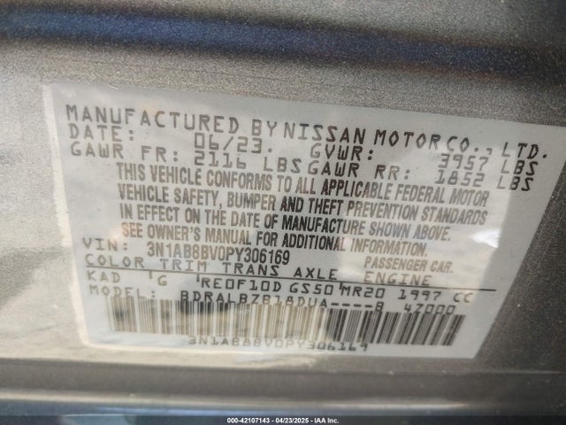 3N1AB8BV0PY306169 Nissan Sentra S Xtronic Cvt