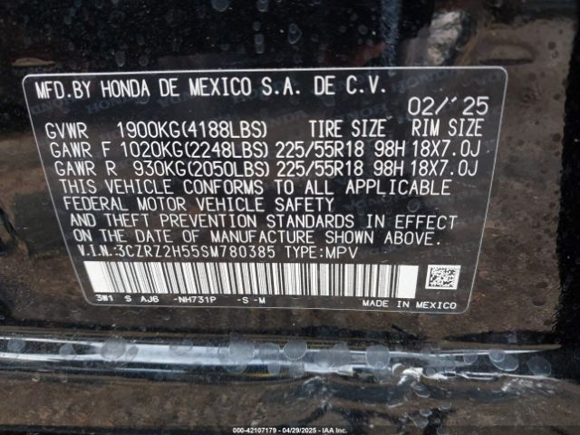 3CZRZ2H55SM780385 Honda Hr-v Awd Sport