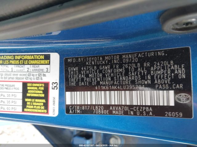 4T1K61AK4LU395791 Toyota CAMRY XSE