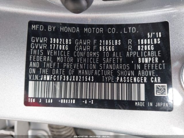 JHMFC1F39JX021543 Honda Civic Ex-t