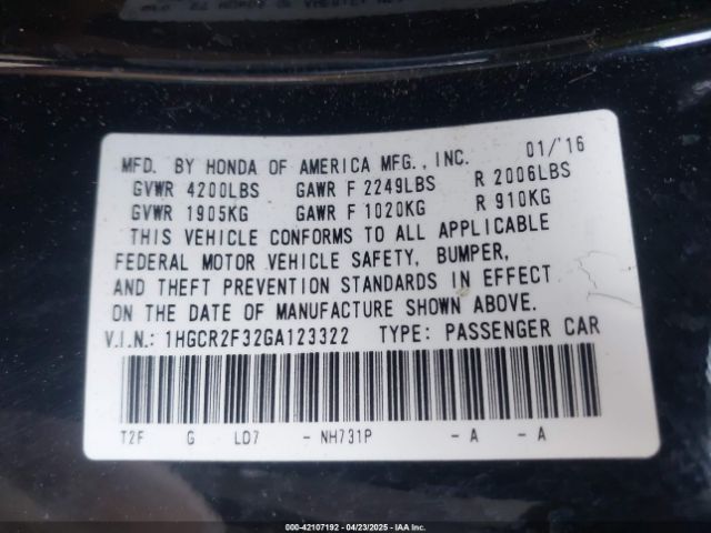 1HGCR2F32GA123322 Honda ACCORD LX