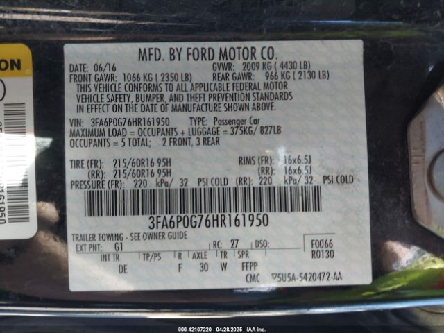 3FA6P0G76HR161950 Ford FUSION S
