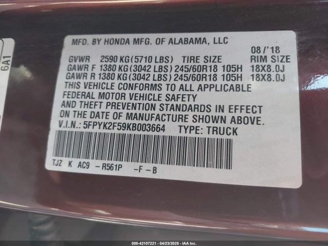Honda Ridgeline Rtl 2019 5FPYK2F59KB003664 Image 9