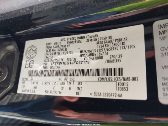 1FTFW1EG1JFC67179 Ford F-150 Xlt
