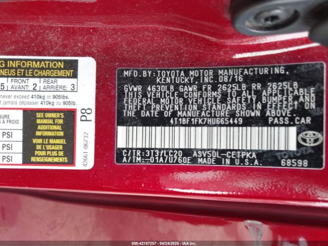4T1BF1FK7HU665449 Toyota CAMRY XSE