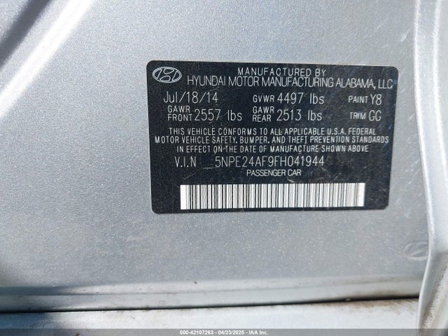 5NPE24AF9FH041944 Hyundai SONATA SE