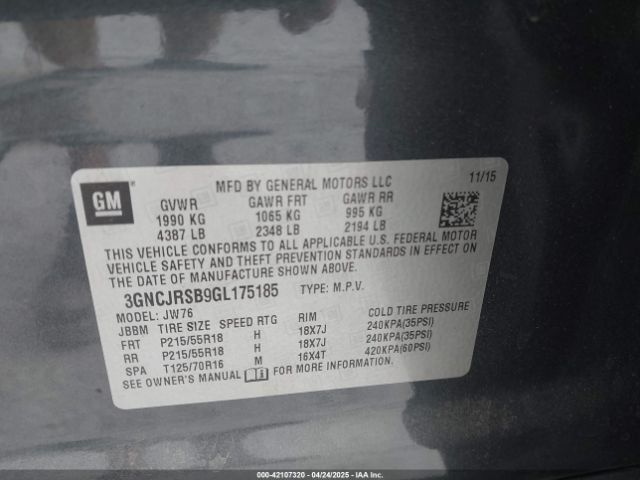 3GNCJRSB9GL175185 Chevrolet luv - mfi, vvt, alum, gme e85 max