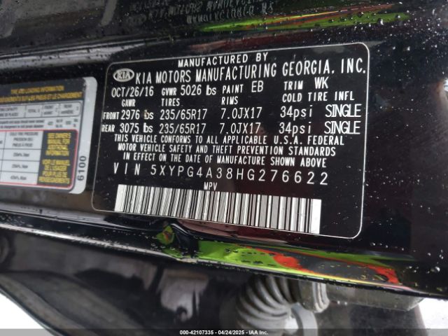 5XYPG4A38HG276622 KIA Sorento 2.4l Lx