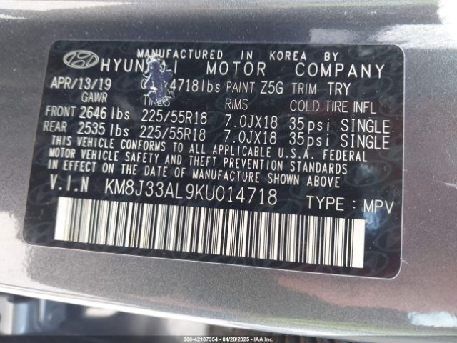 KM8J33AL9KU014718 Hyundai TUCSON SEL