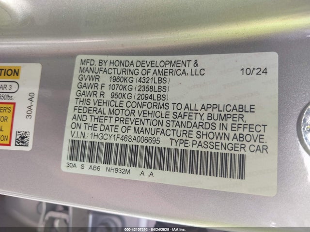 1HGCY1F46SA006695 Honda ACCORD SE