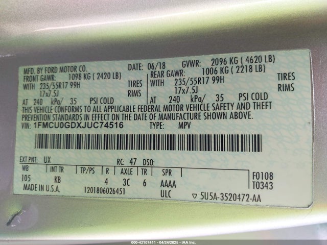 1FMCU0GDXJUC74516 Ford ESCAPE SE