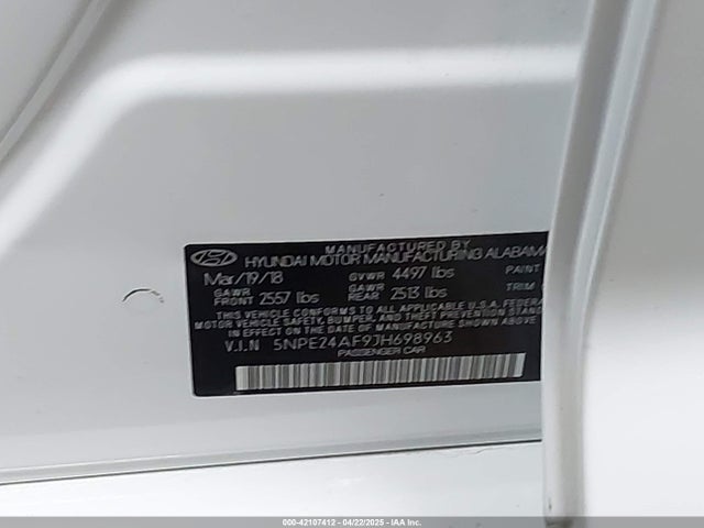 5NPE24AF9JH698963 Hyundai SONATA SE
