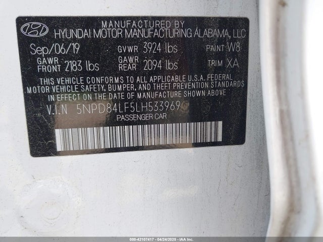 5NPD84LF5LH533969 Hyundai ELANTRA SEL