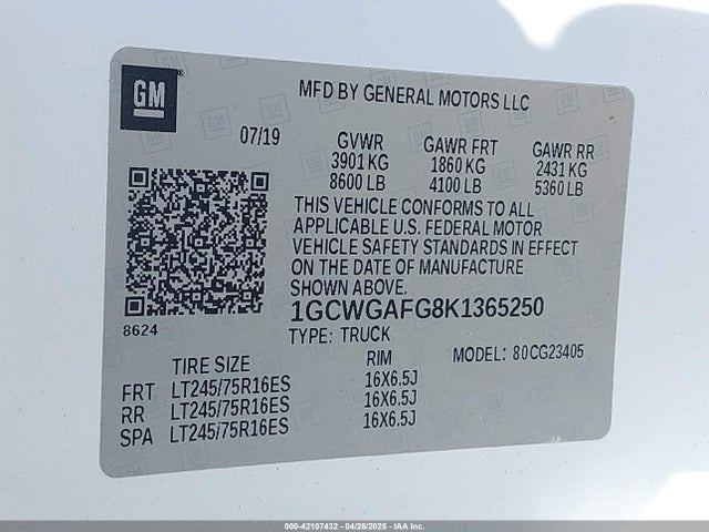 1GCWGAFG8K1365250 Chevrolet Express 2500 Work Van