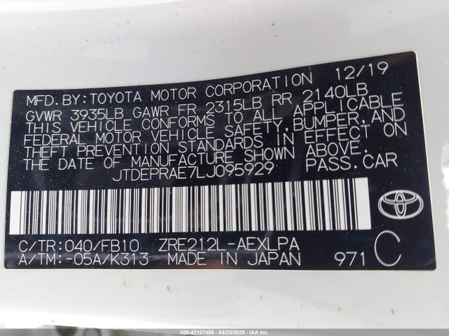 JTDEPRAE7LJ095929 Toyota COROLLA LE