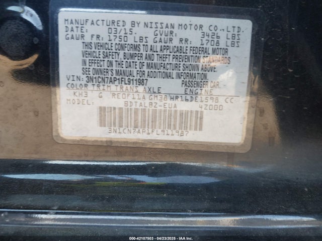 3N1CN7AP1FL911987 Nissan Versa 1.6 Sv