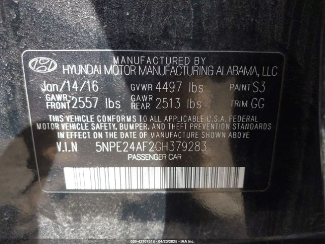 5NPE24AF2GH379283 Hyundai SONATA SE