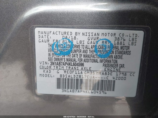 Nissan SENTRA SV 2019 3N1AB7AP4KL604596 Image 9