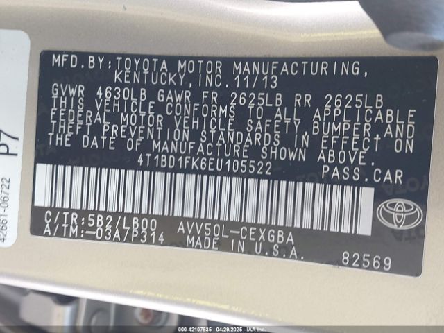4T1BD1FK6EU105522 Toyota Camry Hybrid Xle