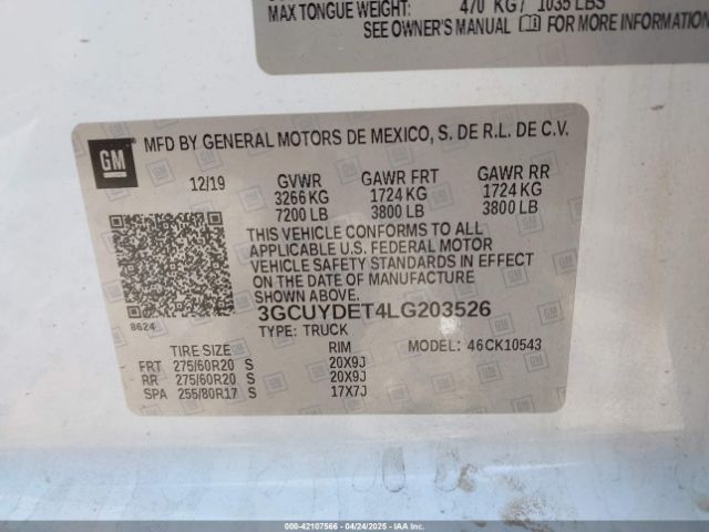 3GCUYDET4LG203526 Chevrolet Silverado 1500 4wd  Short Bed Lt