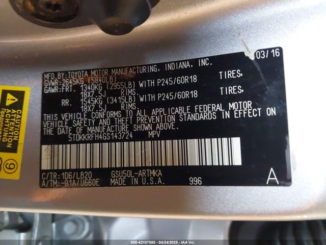 5TDKKRFH4GS143724 Toyota Highlander Xle V6