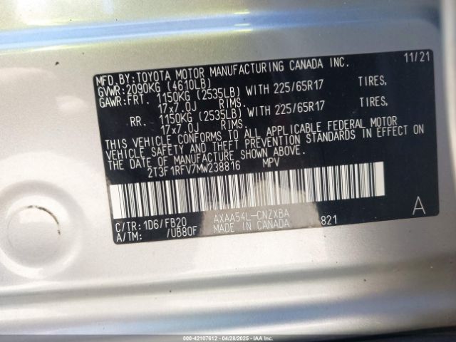2T3F1RFV7MW238816 Toyota RAV4 LE