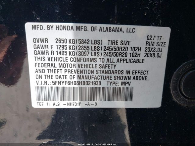 5FNYF6H08HB021930 Honda Pilot Elite