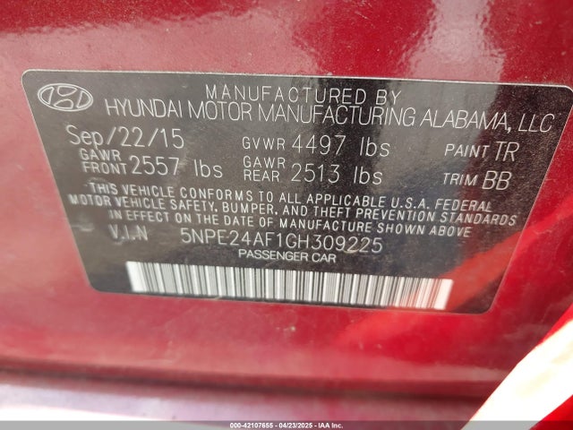 5NPE24AF1GH309225 Hyundai SONATA SE