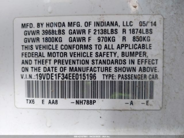 19VDE1F34EE015196 Acura r20a5