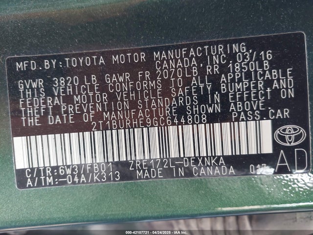 2T1BURHE9GC644808 Toyota COROLLA LE