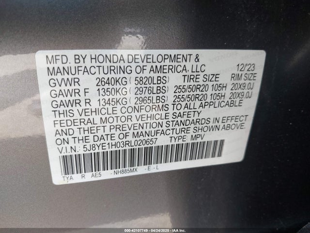 42107749 :رقم المزاد ، 5J8YE1H03RL020657 vin ، 2024 Acura Mdx A-spec مزاد بيع