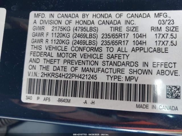 2HKRS4H22PH421245 Honda Cr-v Lx Awd
