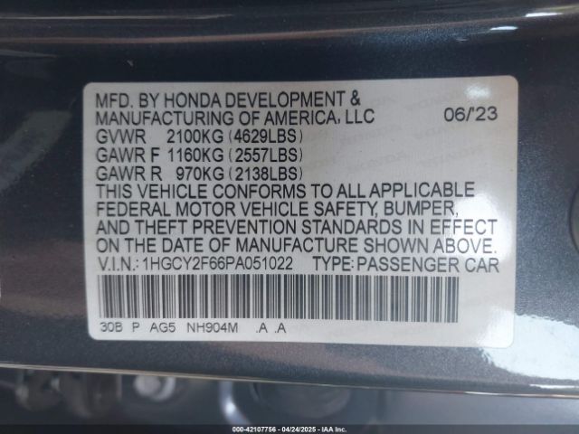 1HGCY2F66PA051022 Honda Accord Hybrid Ex-l