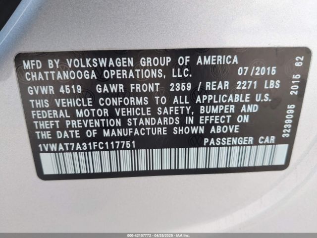 1VWAT7A31FC117751 Volkswagen Passat 1.8t Limited Edition